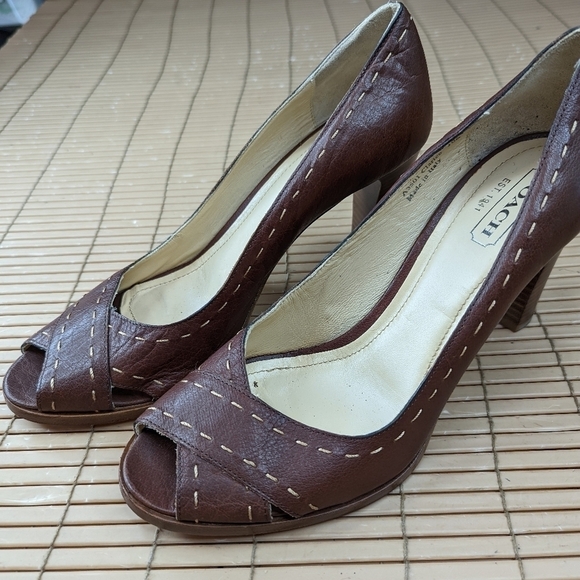 Coach "Clarice" women's sz 10 B brown Leather bold white cord Stitched Peep To - Picture 1 of 10